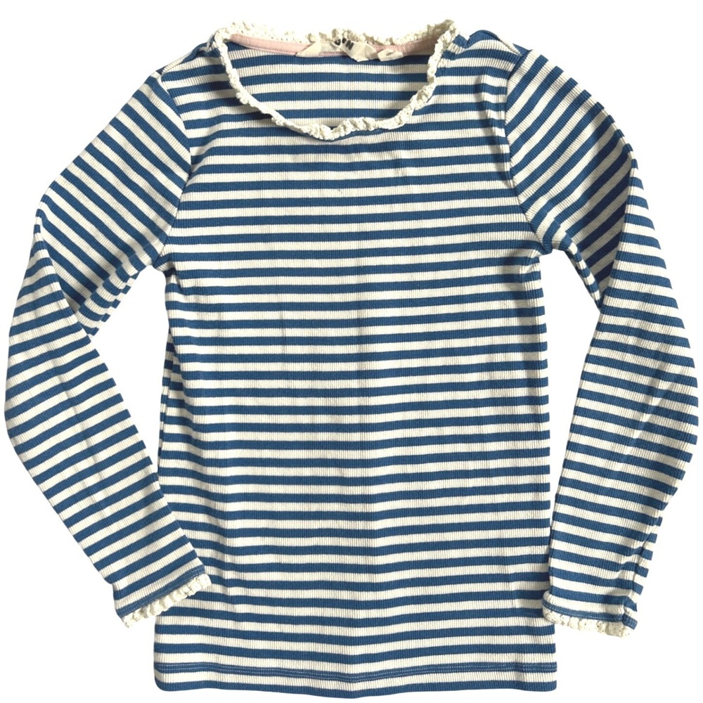 Mini‎ Boden Girls Blue White Striped Ribbed Long Sleeve Top Crochet Trim 7-8Y